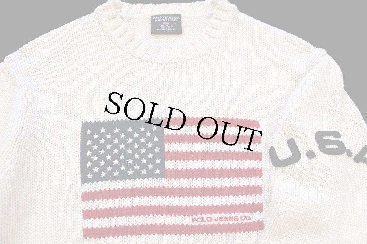 画像3: 00s POLO JEANS ポロ ジーンズ ラルフローレン 星条旗 U.S.A. パッチ付き コットンニット セーター ナチュラル S (3)