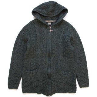 アイルランド製 inis crafts ケーブル編み メリノウールニット ジップパーカー 濃緑 S★フィッシャーマン アラン ユーロ セーター アイルランド製 inis crafts ケーブル編み メリノウールニット