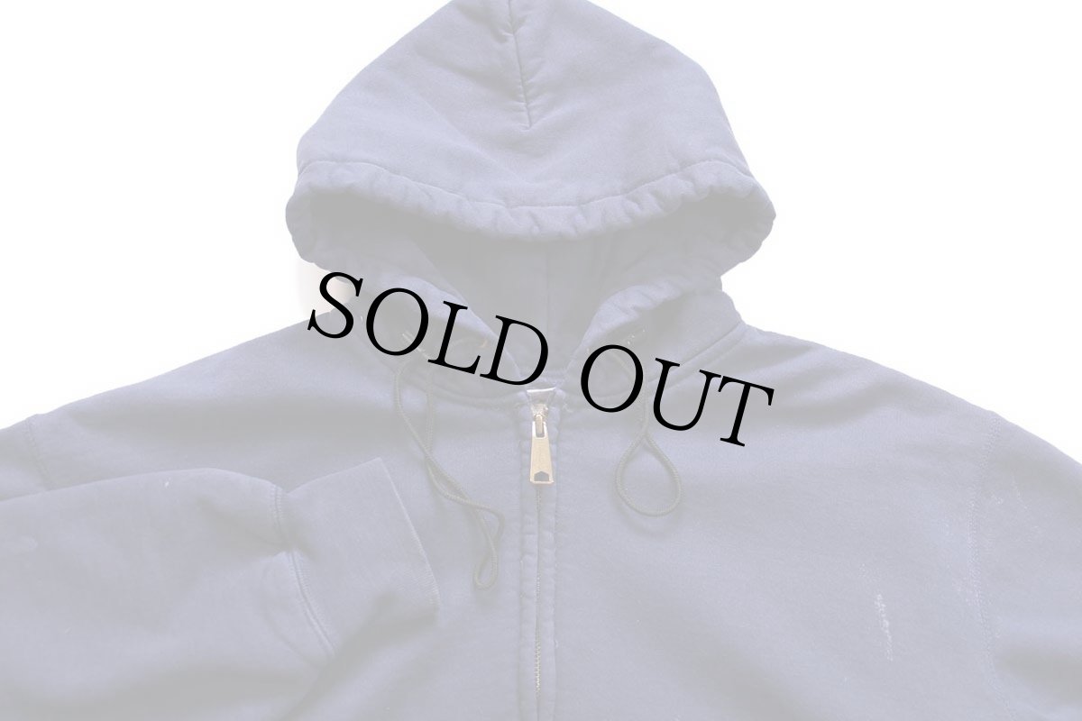 画像3: 00s メキシコ製 carharttカーハート ロゴ刺繍 ブリーチ飛び サーマルライナー スウェット ジップパーカー ナス紺 フェード★フーディー (3)