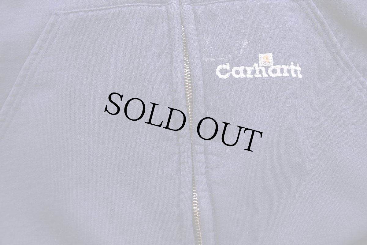 画像4: 00s メキシコ製 carharttカーハート ロゴ刺繍 ブリーチ飛び サーマルライナー スウェット ジップパーカー ナス紺 フェード★フーディー (4)