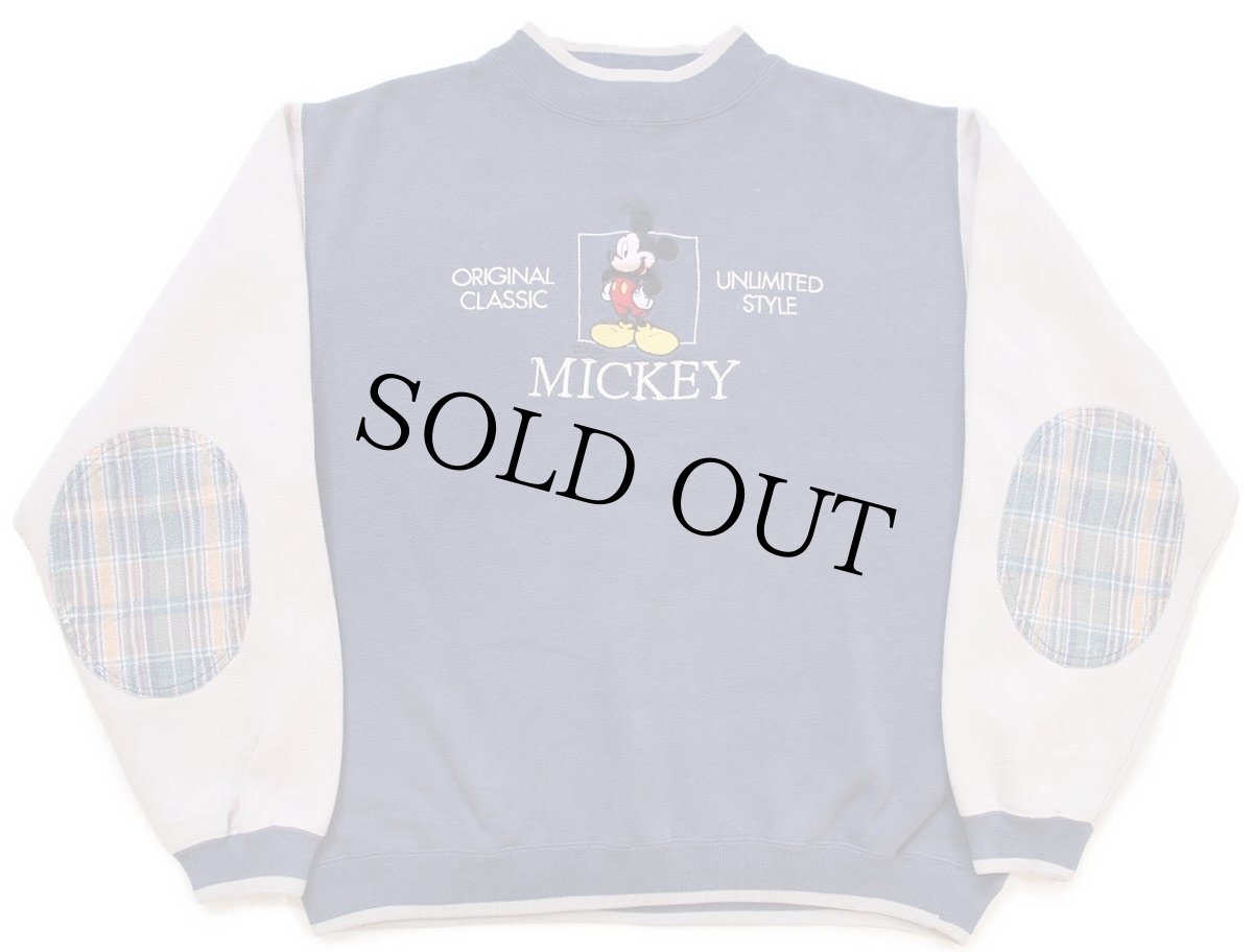 画像1: 00s Disneyディズニー MICKEY ミッキー マウス 刺繍 モックネック エルボーパッチ ツートン スウェット ブルーグレー×グレーベージュ (1)