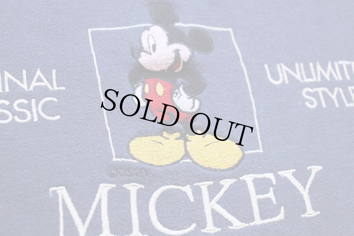 画像4: 00s Disneyディズニー MICKEY ミッキー マウス 刺繍 モックネック エルボーパッチ ツートン スウェット ブルーグレー×グレーベージュ (4)