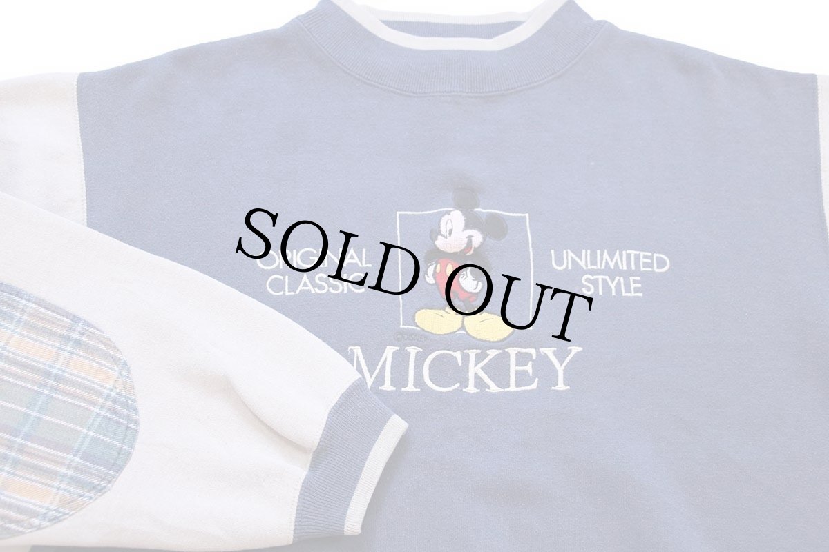 画像3: 00s Disneyディズニー MICKEY ミッキー マウス 刺繍 モックネック エルボーパッチ ツートン スウェット ブルーグレー×グレーベージュ (3)