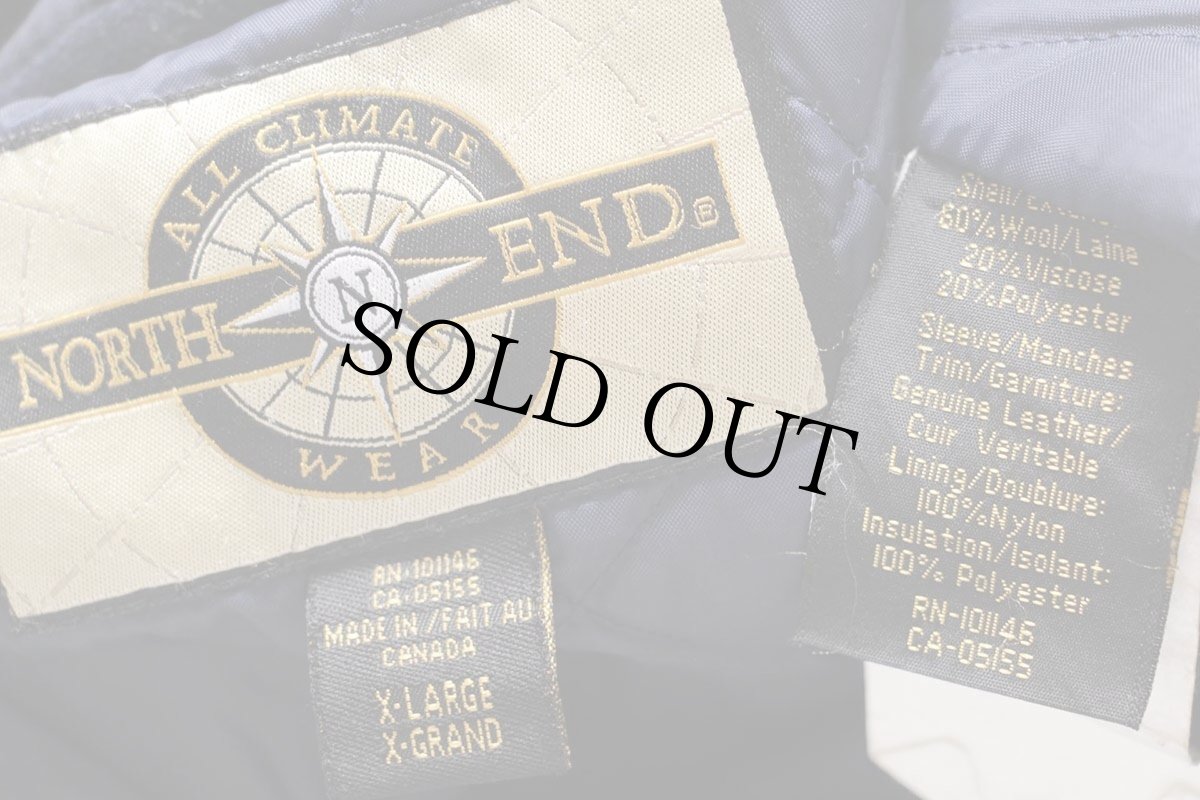 画像4: 00s カナダ製 NORTH END ALL CLIMATE WEAR スタンドカラー キルティングライナー メルトン ウール混 袖革スタジャン 紺 XL (4)