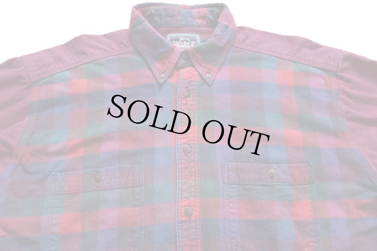 画像3: 90s USA製 Woolrichウールリッチ ブロックチェック 切り替え ボタンダウン コットン シャモアクロスシャツ L (3)