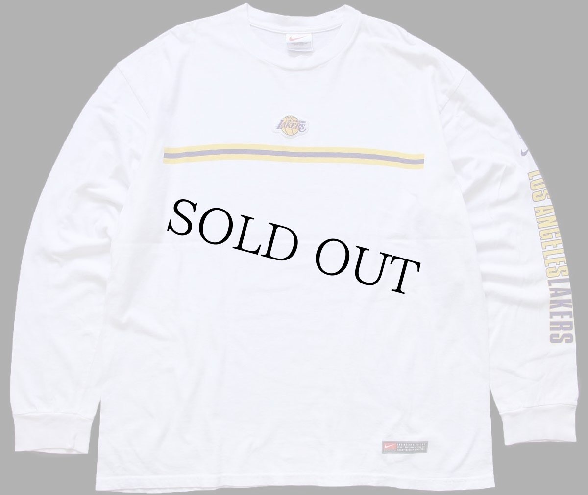 画像1: 90s USA製 NIKEナイキ NBA LOS ANGELES LAKERS レイカーズ パッチ&袖プリント コットン 長袖Tシャツ 白 L (1)