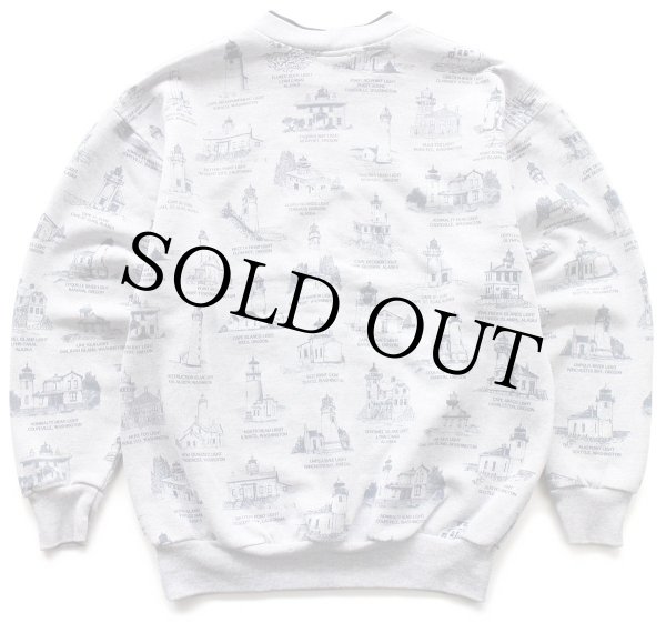 90s Ralph Steadman アート スウェット USA製 90s ART UNLIMITED 灯台 総柄 アート レイヤードネック スウェット 杢