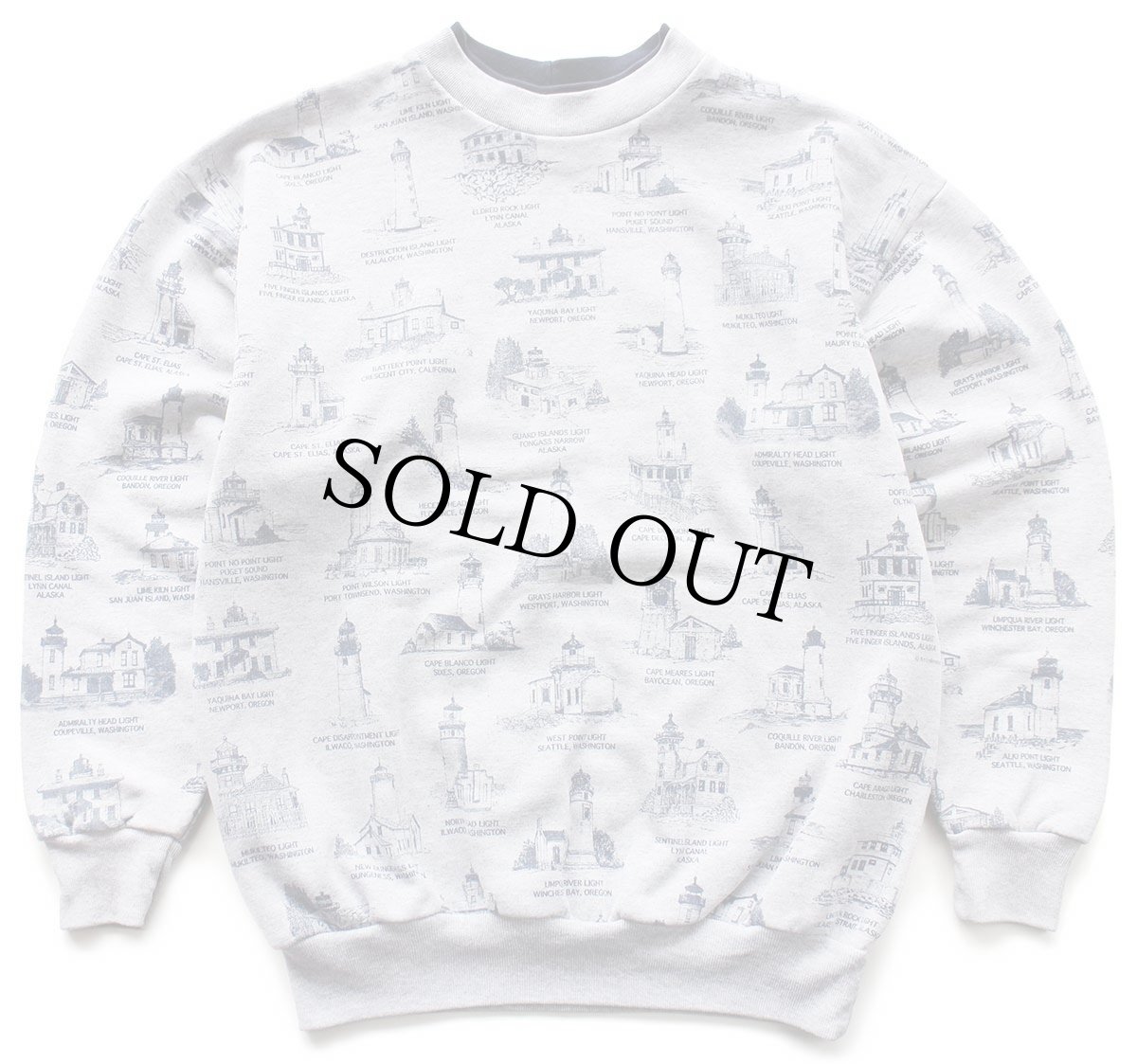 画像1: 90s ART UNLIMITED 灯台 総柄 アート レイヤードネック スウェット 杢グレー (1)