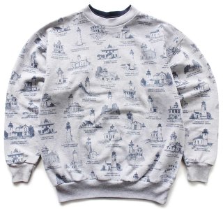 90s USA製 ART UNLIMITED 灯台 総柄 アート レイヤードネック