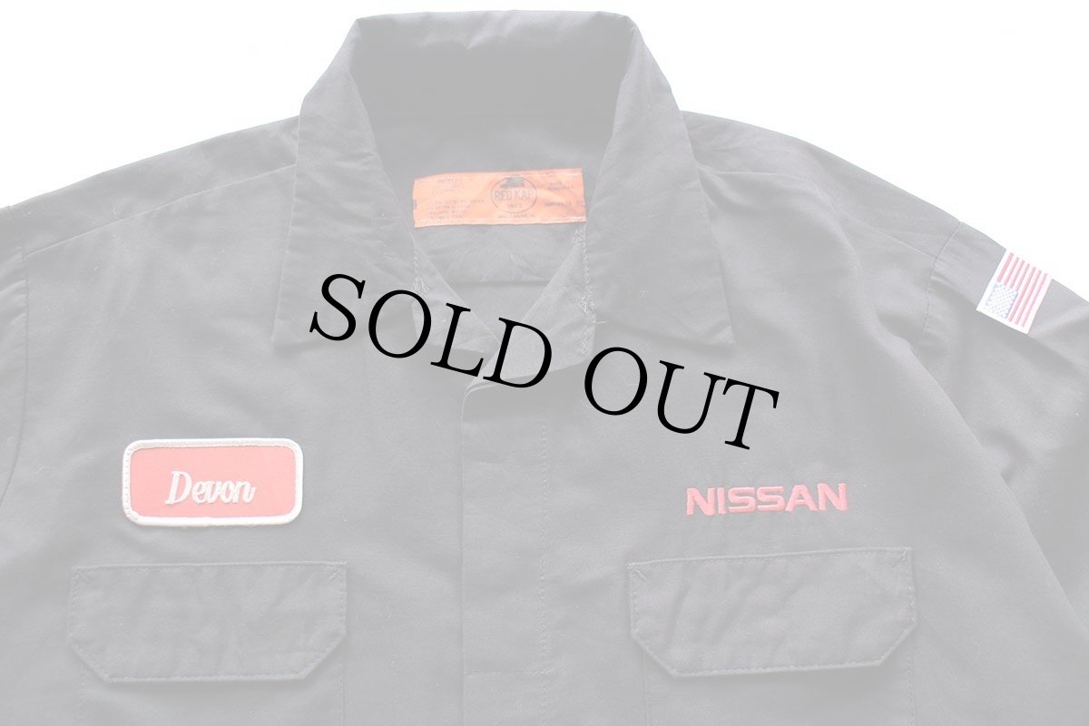 画像3: 00s RED KAPレッドキャップ NISSANニッサン 星条旗 刺繍&パッチ付き 比翼 ワークシャツ 黒 XL (3)