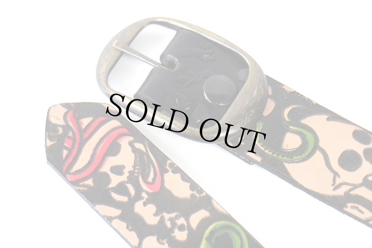 画像2: 新品★USA製 BRACKNEY LEATHER WORKS スカル スネーク 型押し ペイント レザーベルト ブラック 34 (2)