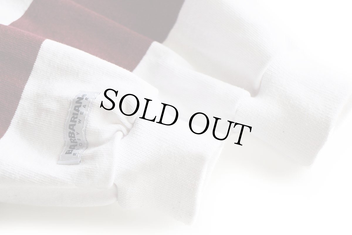 画像5: カナダ製 BARBARIANバーバリアン University of Chicago エンブレム 刺繍 太ボーダー コットン ラガーシャツ バーガンディ×白 M (5)