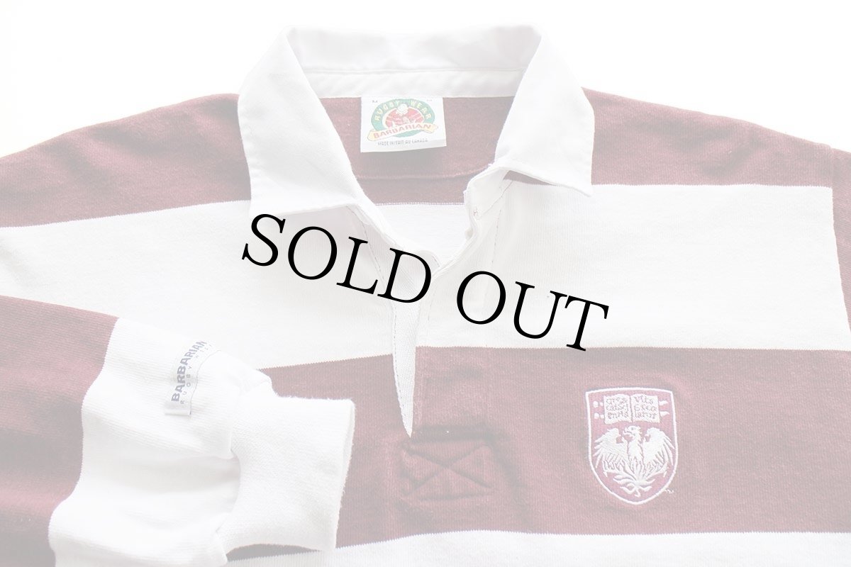 画像3: カナダ製 BARBARIANバーバリアン University of Chicago エンブレム 刺繍 太ボーダー コットン ラガーシャツ バーガンディ×白 M (3)
