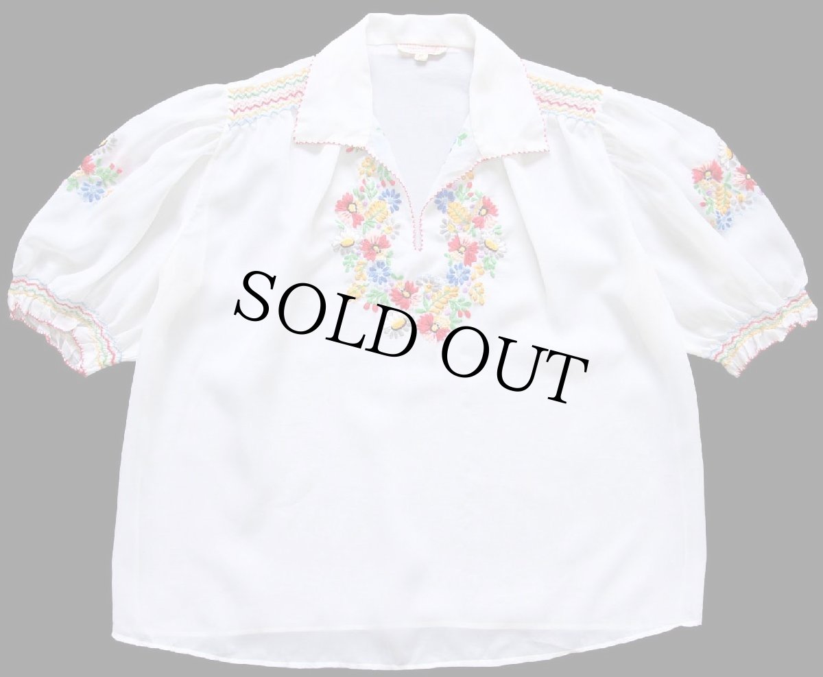 画像1: 70s フラワー刺繍 半袖 シフォン チュニック ホワイト 42 (1)