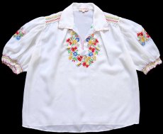 画像1: 70s フラワー刺繍 半袖 シフォン チュニック ホワイト 42 (1)