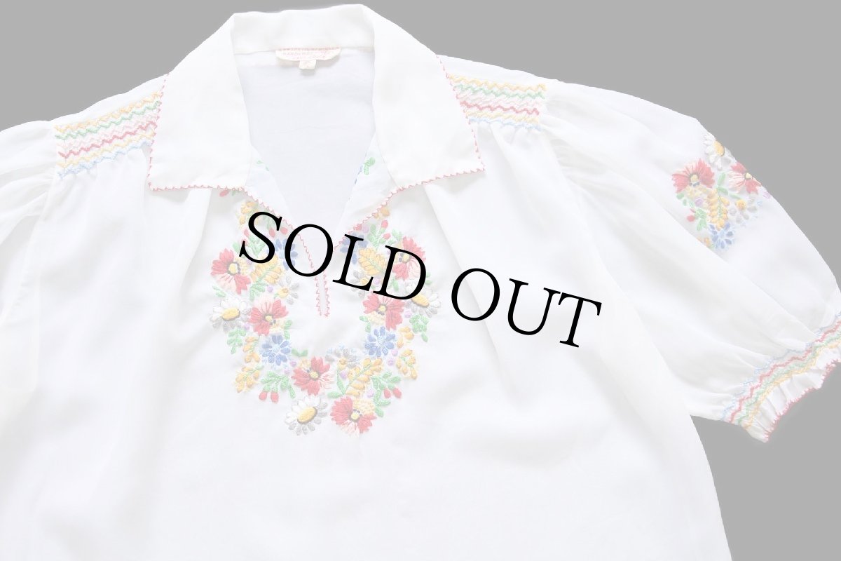 画像3: 70s フラワー刺繍 半袖 シフォン チュニック ホワイト 42 (3)