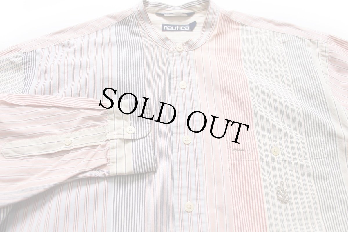 画像3: 90s USA製 nauticaノーティカ クレイジーストライプ バンドカラー コットンシャツ L (3)