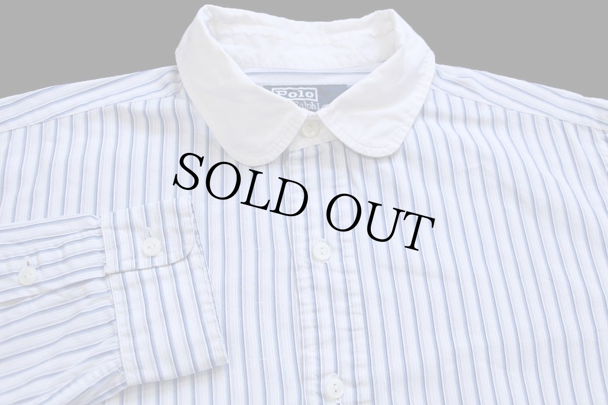 画像3: 00s ポロ ラルフローレン VINTAGE CLUB ランダムストライプ 丸襟 マチ付き クレリック コットンシャツ M (3)