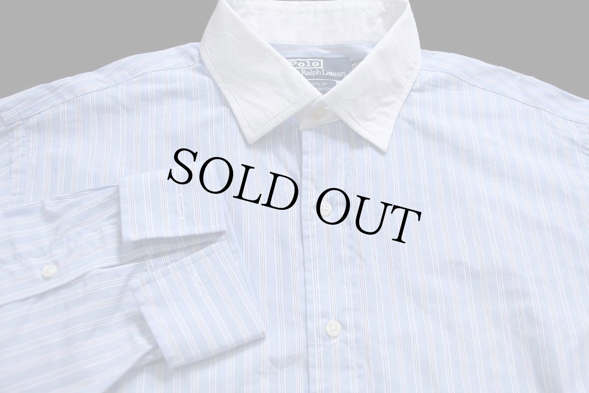 画像3: 00s ポロ ラルフローレン PHILIP ランダムストライプ ワイドカラー ダブルカフス クレリック コットンシャツ 17 (3)