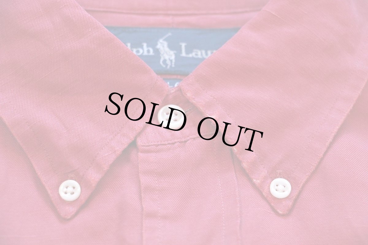 画像5: 00s ラルフローレン BLAKE ワンポイント ボタンダウン シルク×リネンシャツ 薄赤 (5)