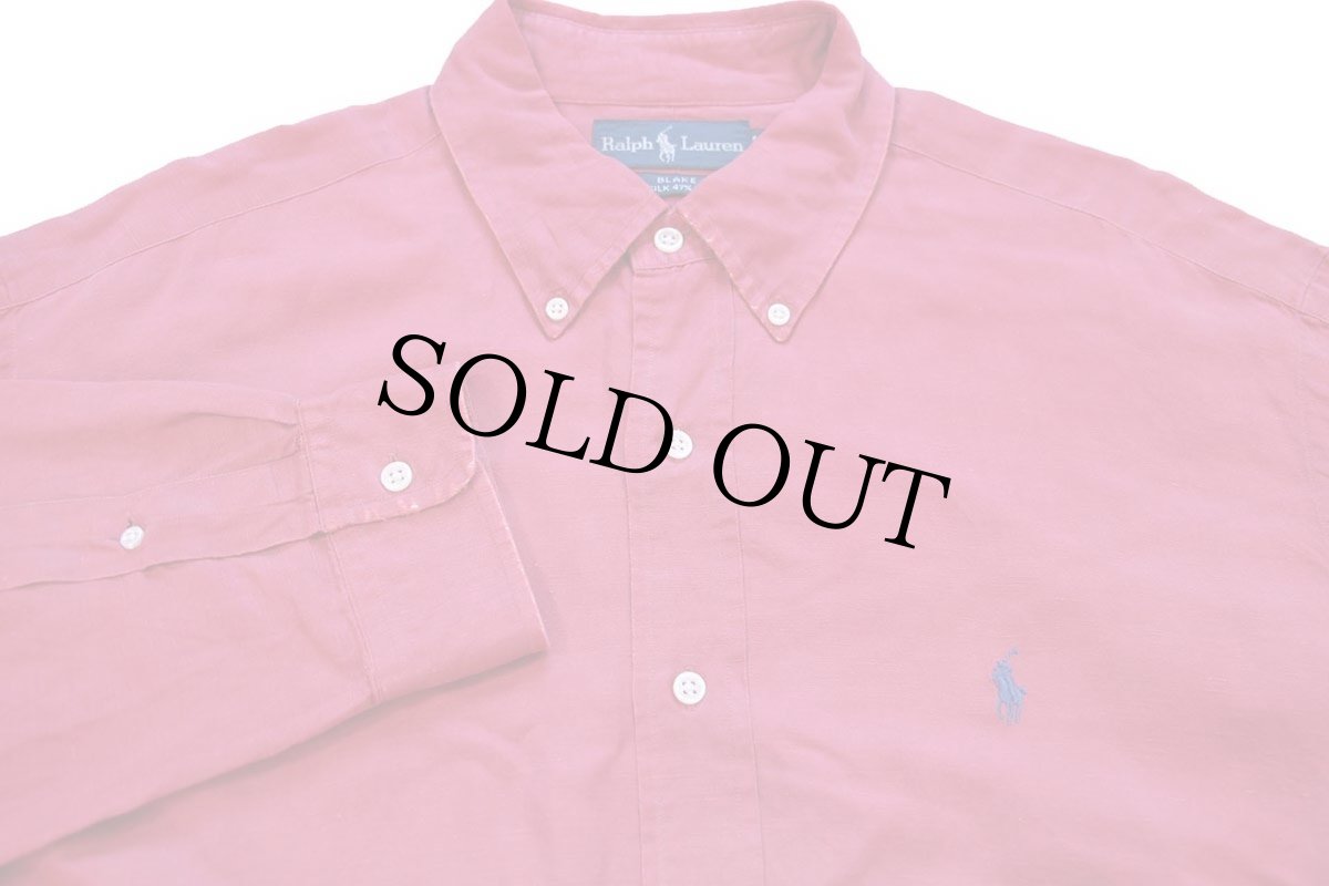 画像3: 00s ラルフローレン BLAKE ワンポイント ボタンダウン シルク×リネンシャツ 薄赤 (3)