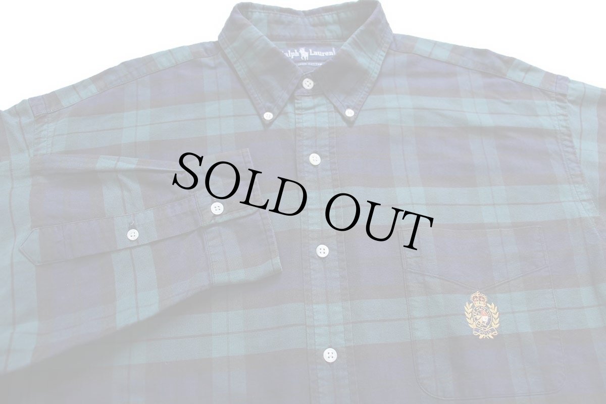 画像3: 90s ラルフローレン ロゴ刺繍 ブラックウォッチ タータンチェック ポケット付き ボタンダウン オックスフォード コットンシャツ XL★特大 (3)