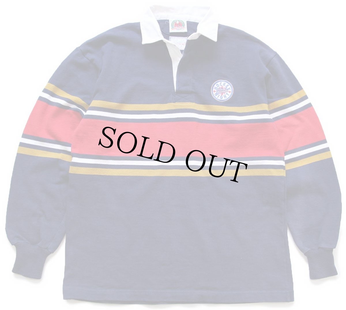 画像1: カナダ製 BARBARIANバーバリアン HOCKEY NIGHT in Canada NHL CBC Sports刺繍 コットン ラガーシャツ 紺 XL (1)