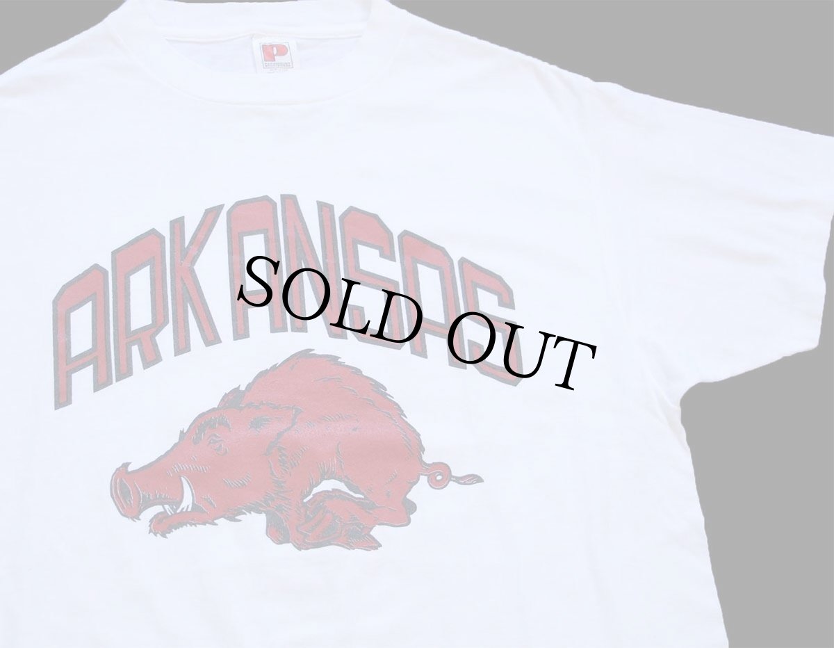 画像1: 80s USA製 ARKANSAS イノシシ 89 ナンバリング フェルトプリント コットンTシャツ 白 XL (1)