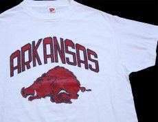 画像1: 80s USA製 ARKANSAS イノシシ 89 ナンバリング フェルトプリント コットンTシャツ 白 XL (1)