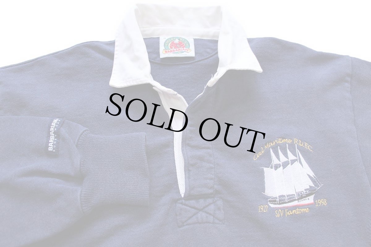 画像3: 90s カナダ製 BARBARIANバーバリアン Cal Maritime R.U.F.C. Fantome 1927 1998 刺繍 コットン ラガーシャツ 紺 フェード M (3)