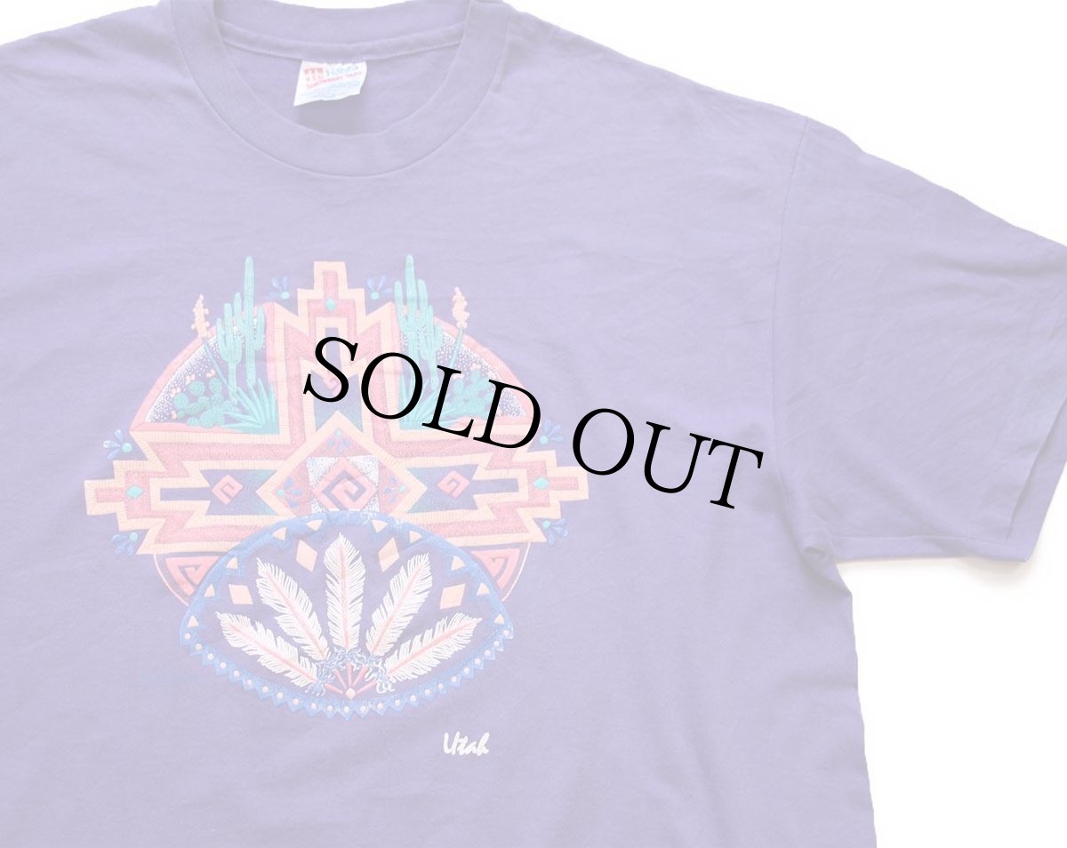 画像1: 90s USA製 Hanes Utah サボテン ネイティブ柄 アート Tシャツ 紫 XL (1)