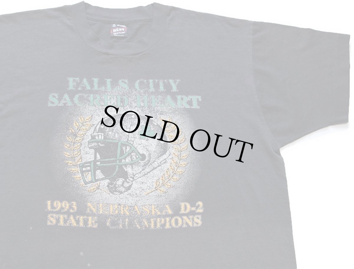 画像1: 90s USA製 FALLS CITY SACRED HEART アメフト 両面プリント Tシャツ 黒 フェード XL (1)