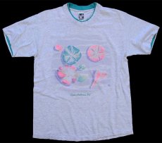 画像2: 90s USA製 Cape Hatteras NC シェル アート レイヤードネック&スリーブ コットンTシャツ 杢ライトグレー×グリーン L (2)