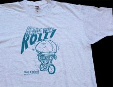 画像1: 90s USA製 HEADS WILL ROLL! Wear a helmet! Tシャツ 杢ライトグレー XL (1)