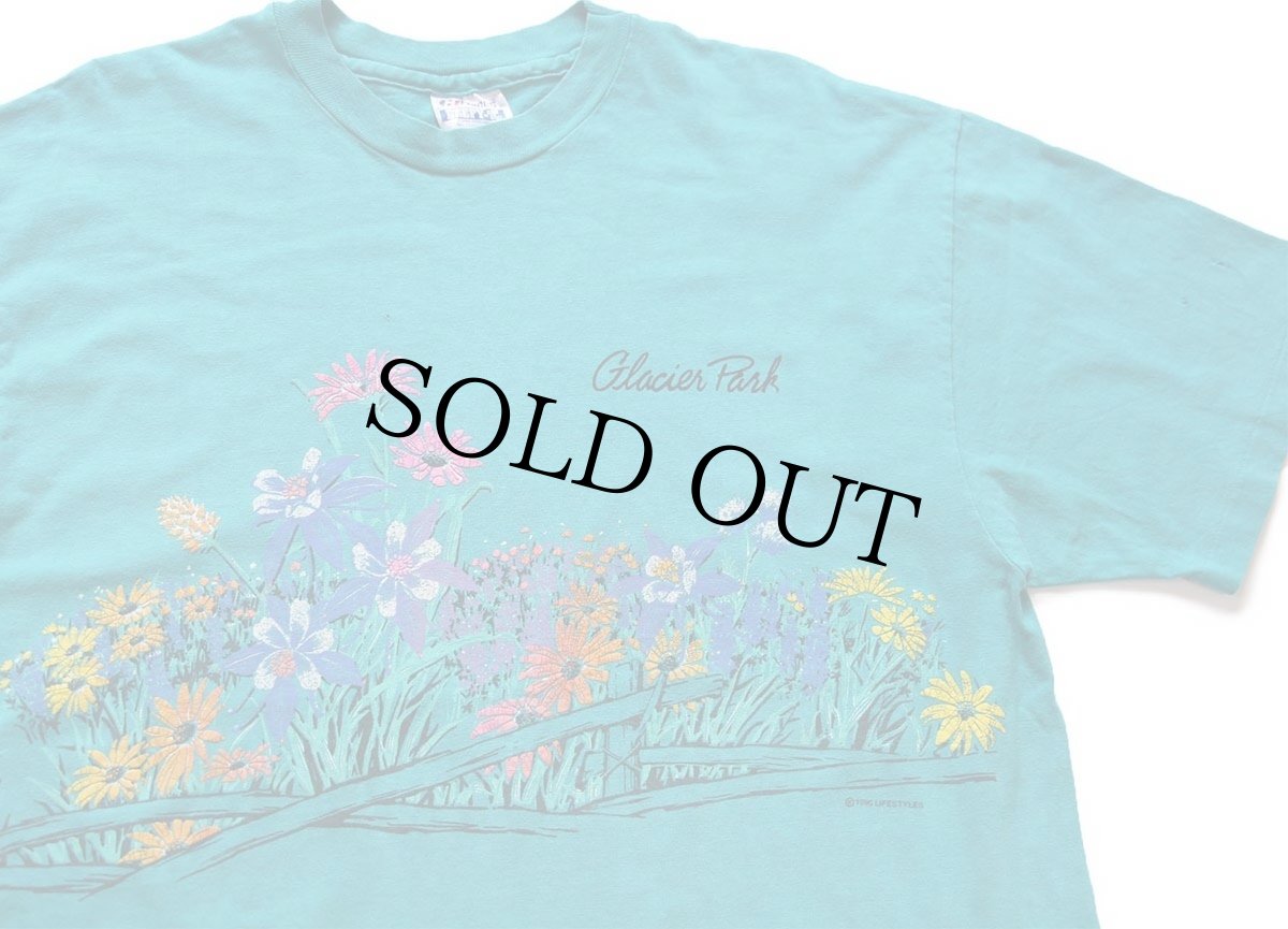 画像1: 90s USA製 Hanes Glacier Park フラワー アート 両面プリント コットンTシャツ エメラルドグリーン L★国立公園 (1)