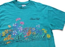 画像1: 90s USA製 Hanes Glacier Park フラワー アート 両面プリント コットンTシャツ エメラルドグリーン L★国立公園 (1)