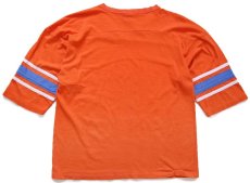 画像3: 90s USA製 NFL BRONCOS ひび割れプリント Vネック コットン フットボールTシャツ オレンジ L (3)