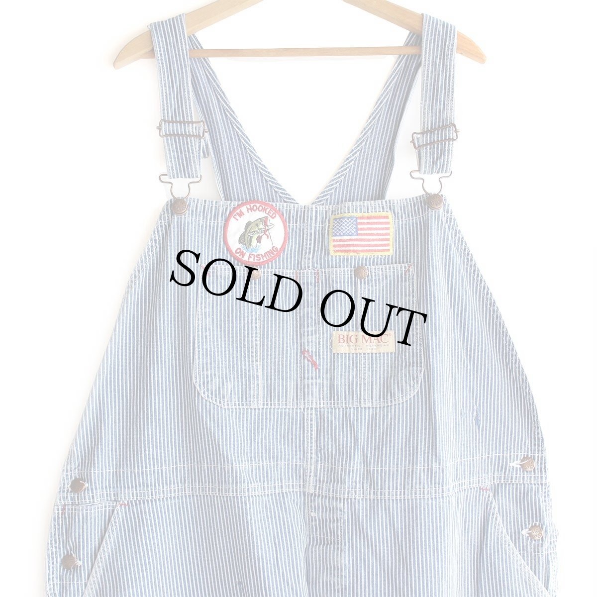 画像1: 90s JCPenney BIGMACビッグマック パッチ付き ダメージ ヒッコリー ストライプ オーバーオール W46★特大 (1)