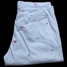 画像1: 00s ポロ ラルフローレン フラッグ アンカーマーク 刺繍 総柄 ストライプ スラックス コットン シアサッカーパンツ サックス×白 w36 (1)