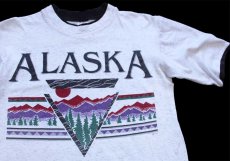 画像1: 90s USA製 ALASKA アート レイヤードネック&スリーブ コットンTシャツ 杢ホワイト×ブラック M (1)