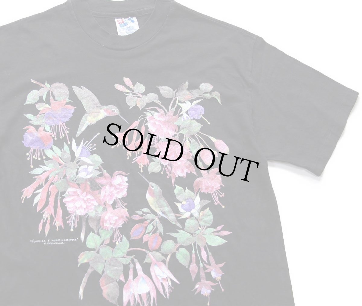 画像1: 90s USA製 Hanes FUCHSIAS & HUMMINGBIRDS フクシア ハチドリ アート コットンTシャツ 黒 M (1)