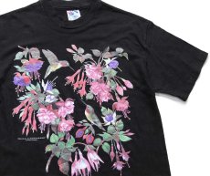 画像1: 90s USA製 Hanes FUCHSIAS & HUMMINGBIRDS フクシア ハチドリ アート コットンTシャツ 黒 M (1)