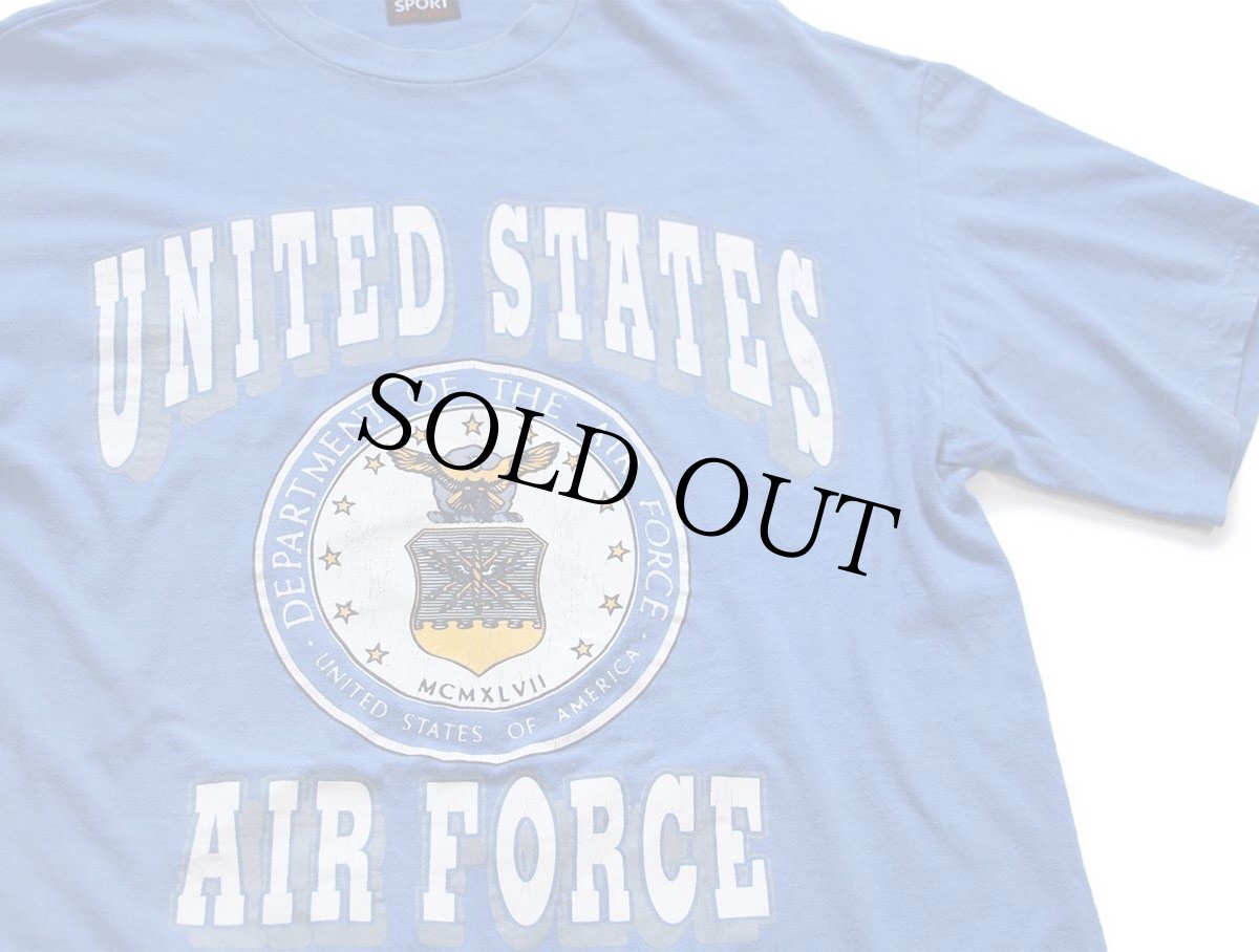 画像1: 90s USA製 UNITED STATES AIR FORCE ロゴ ひび割れプリント コットンTシャツ 青 L (1)