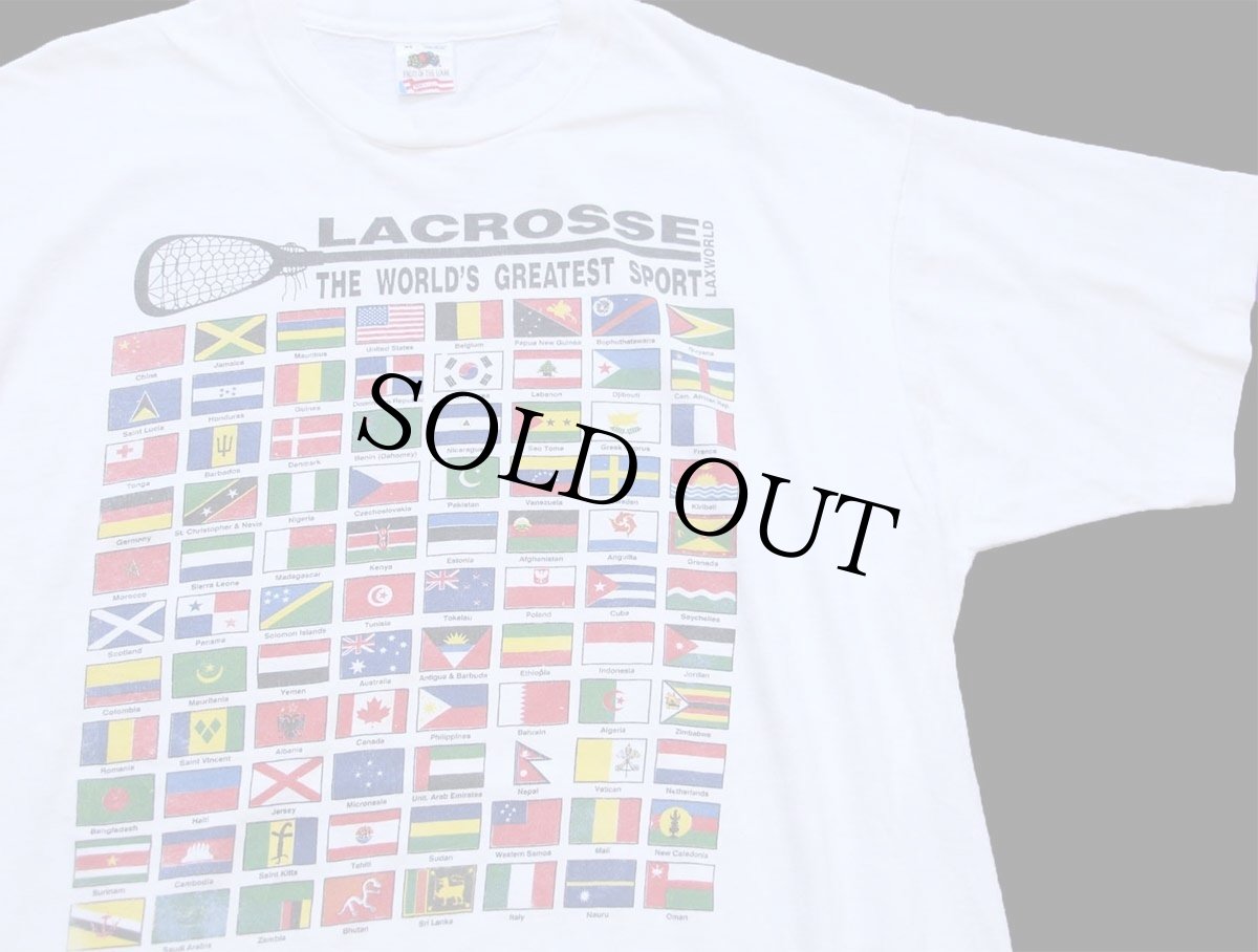 画像1: 90s USA製 LACROSSE THE WORLD'S GREATEST SPORT 万国旗 両面プリント コットンTシャツ 白 XL (1)
