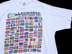 画像1: 90s USA製 LACROSSE THE WORLD'S GREATEST SPORT 万国旗 両面プリント コットンTシャツ 白 XL (1)