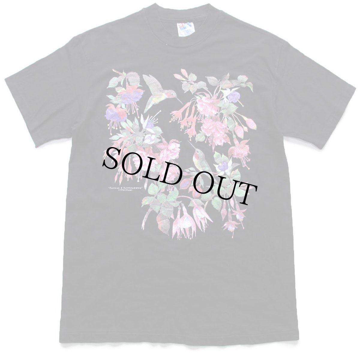 画像2: 90s USA製 Hanes FUCHSIAS & HUMMINGBIRDS フクシア ハチドリ アート コットンTシャツ 黒 M (2)