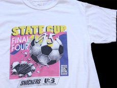 画像1: 90s STATE CUP YOUTH SOCCER サッカーボール SNICKERS スニッカーズ 両面プリント コットンTシャツ 白 M (1)