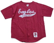 画像1: 90s USA製 Boa Eagles OKLAHOMA CHRISTIAN アップリケ コットン ベースボールシャツ バーガンディ XL (1)