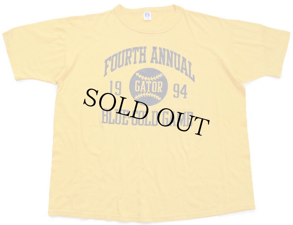 画像2: 90s USA製 RUSSELLラッセル FOURTH ANNUAL GATOR BLUE-GOLD GAME 三段中抜きプリント Tシャツ 濃黄 XXL★特大 (2)