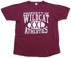 画像2: 90s USA製 RUSSELLラッセル PROPERTY OF WILDCAT ATHLETICS 四段中抜きプリント Tシャツ バーガンディ XL (2)